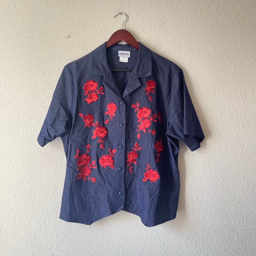 Vintage‎ 90s denim stretchy rose embroidered button up size xl